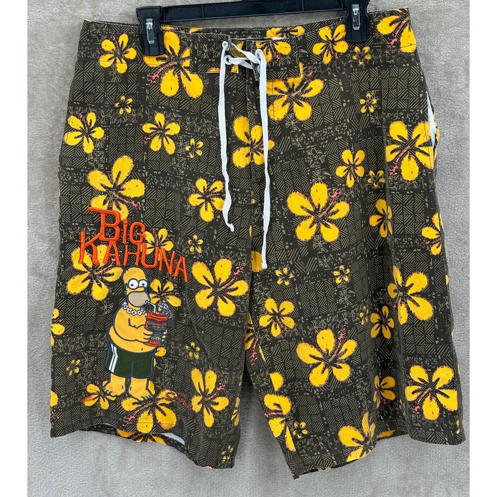 Simpsons Shorts Mens Large Brown Floral Hawaiian Swim Trunks Big Kahuna Homer‎